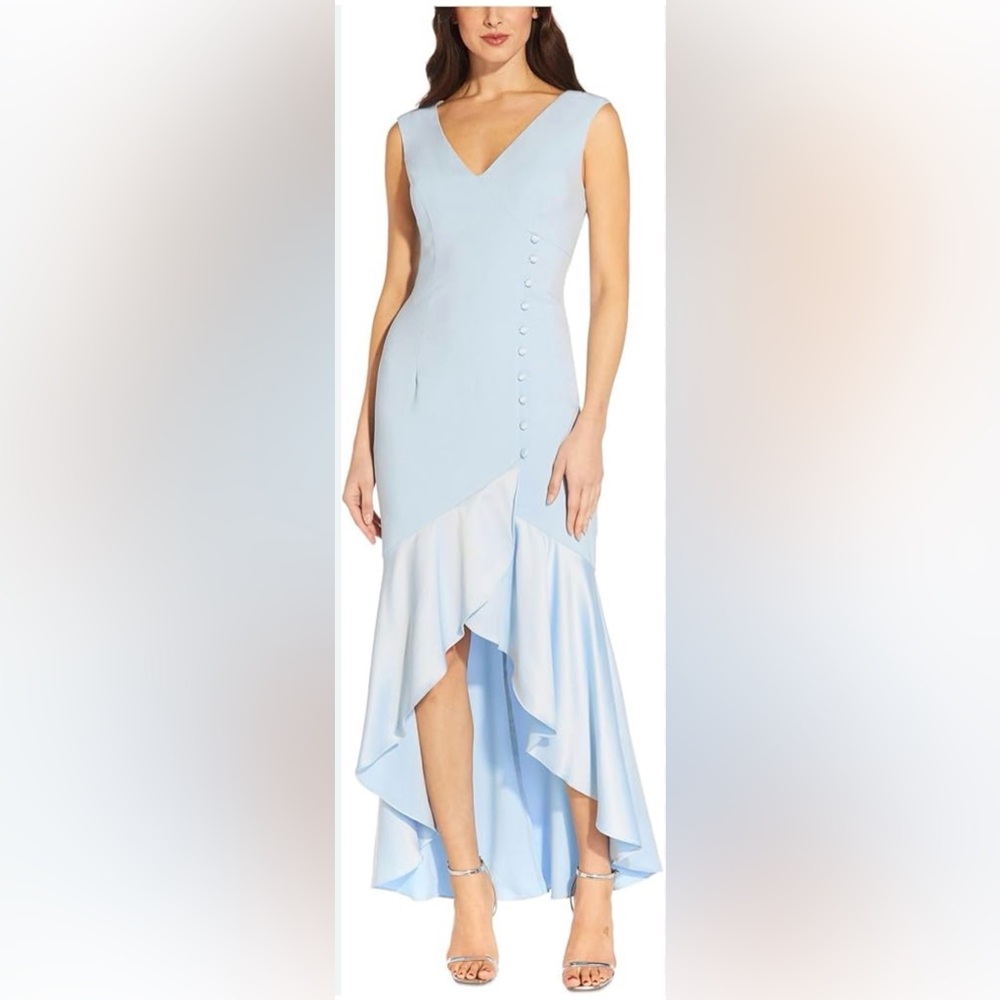 Adrianna Papell Elegant Light Blue Sleeveless Crepe Satin High Low Dress Size 12